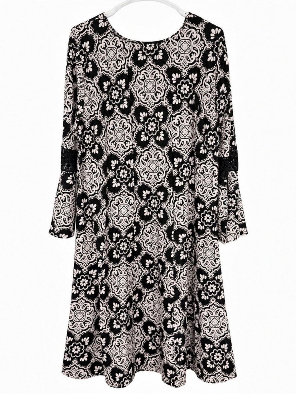 Terra & Sky Black with White Paisley Print Bell Sleeve Dress